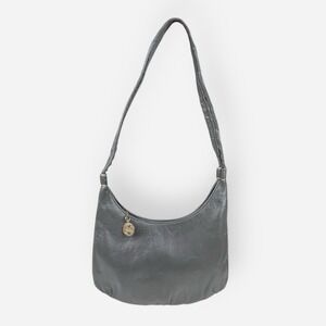 Vintage Ande Stone Gray Leather Shoulder Bag Tote Gold Half Moon‎